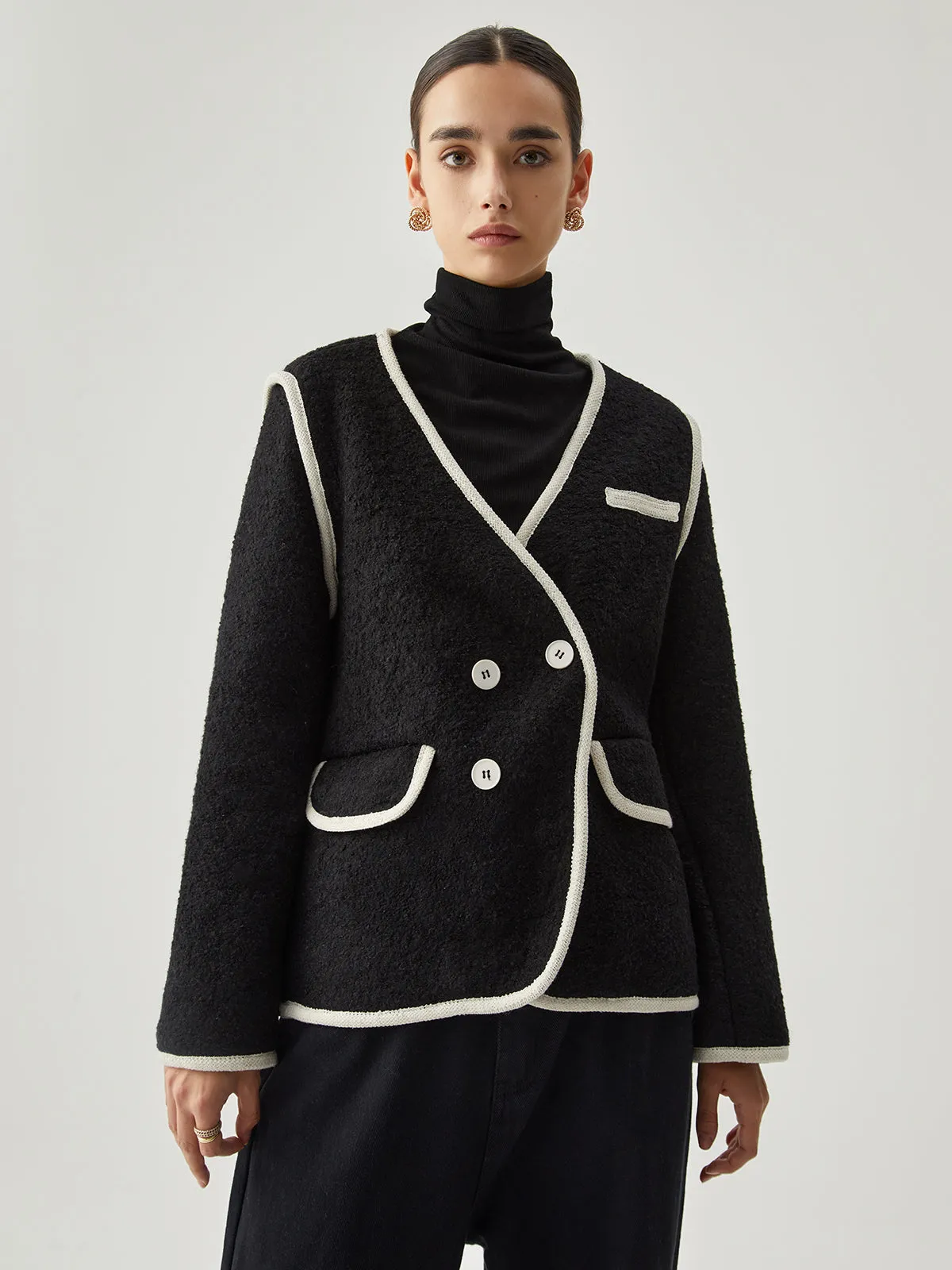 Contrast Trim Tweed Button Detail Wool Coat sold by COMMENSE product image thumbnail 2