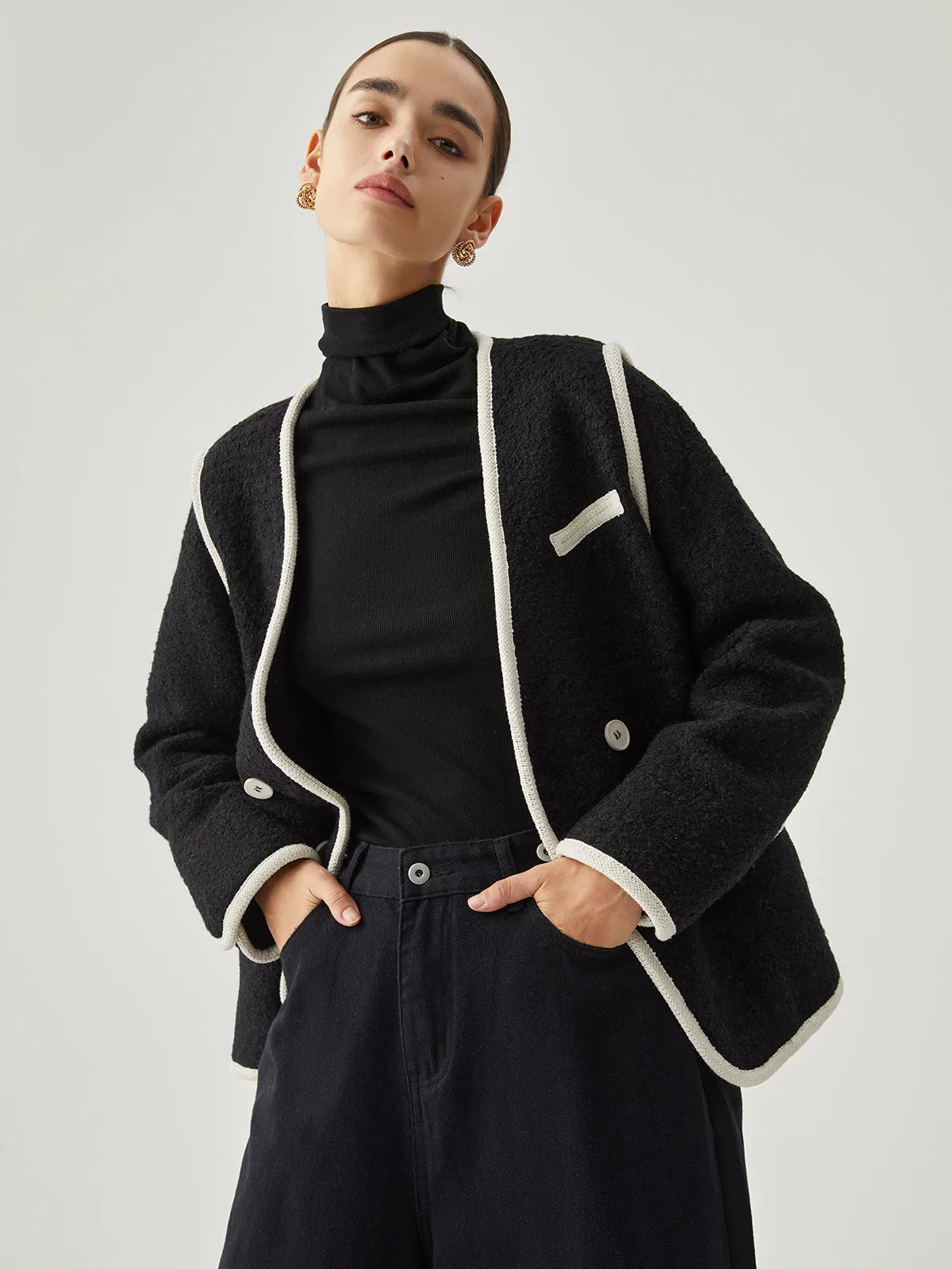 Contrast Trim Tweed Button Detail Wool Coat sold by COMMENSE product image thumbnail 3