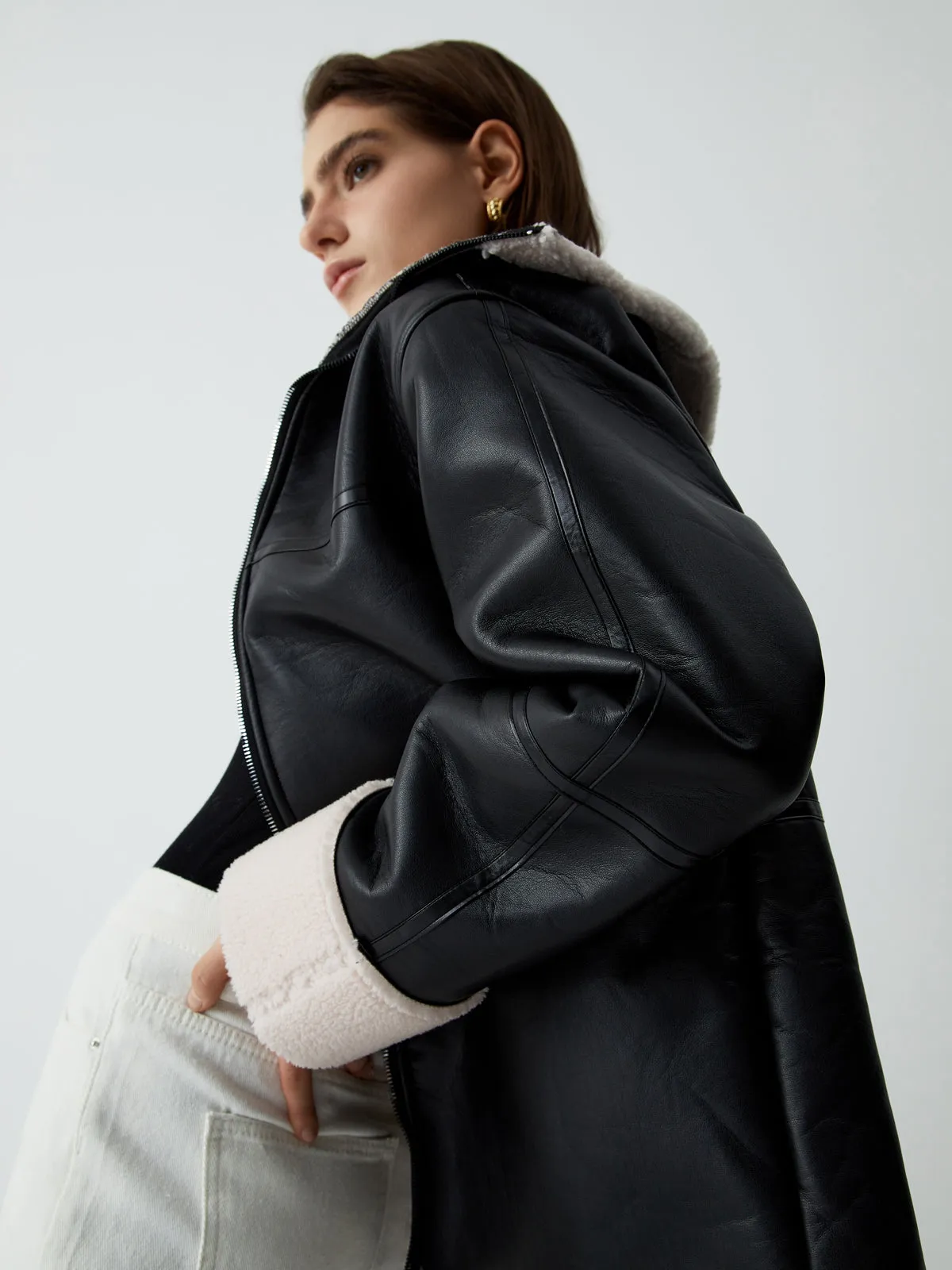 First Choice Sherpa Lined Shearling Leather Flight Jacket sold by COMMENSE product image thumbnail 5