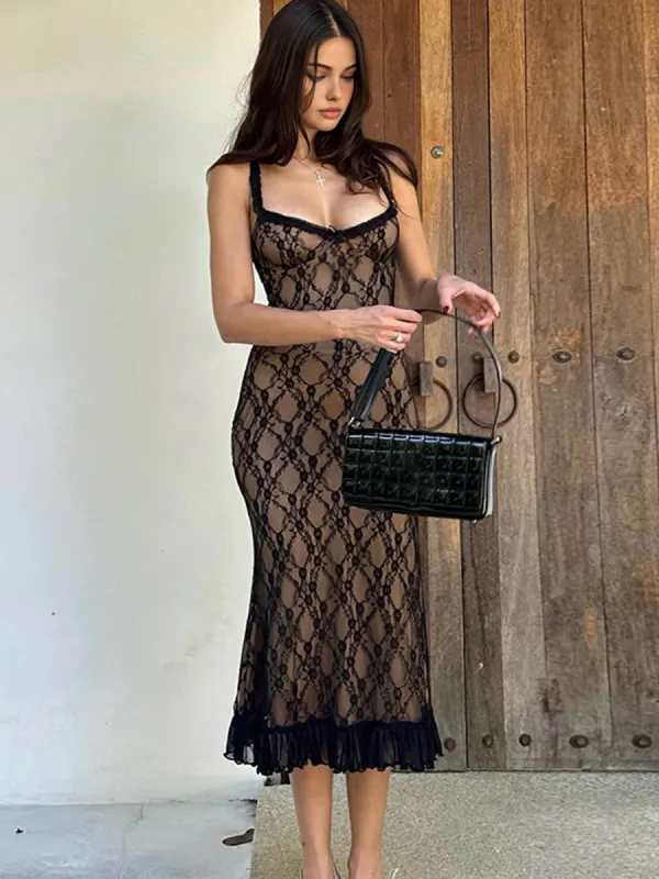 Lace Patchwork Cami Midi Dress sold by COMMENSE