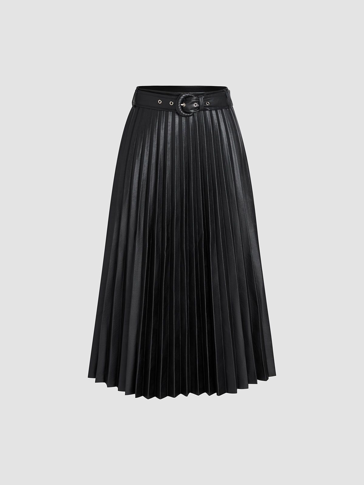 Faux Leather Pleated Belted Midi Skirt sold by COMMENSE