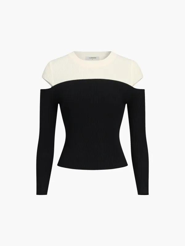 Colorblock Cut Out Long Sleeve Knit Top sold by COMMENSE