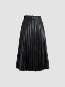 Faux Leather Pleated Belted Midi Skirt sold by COMMENSE
