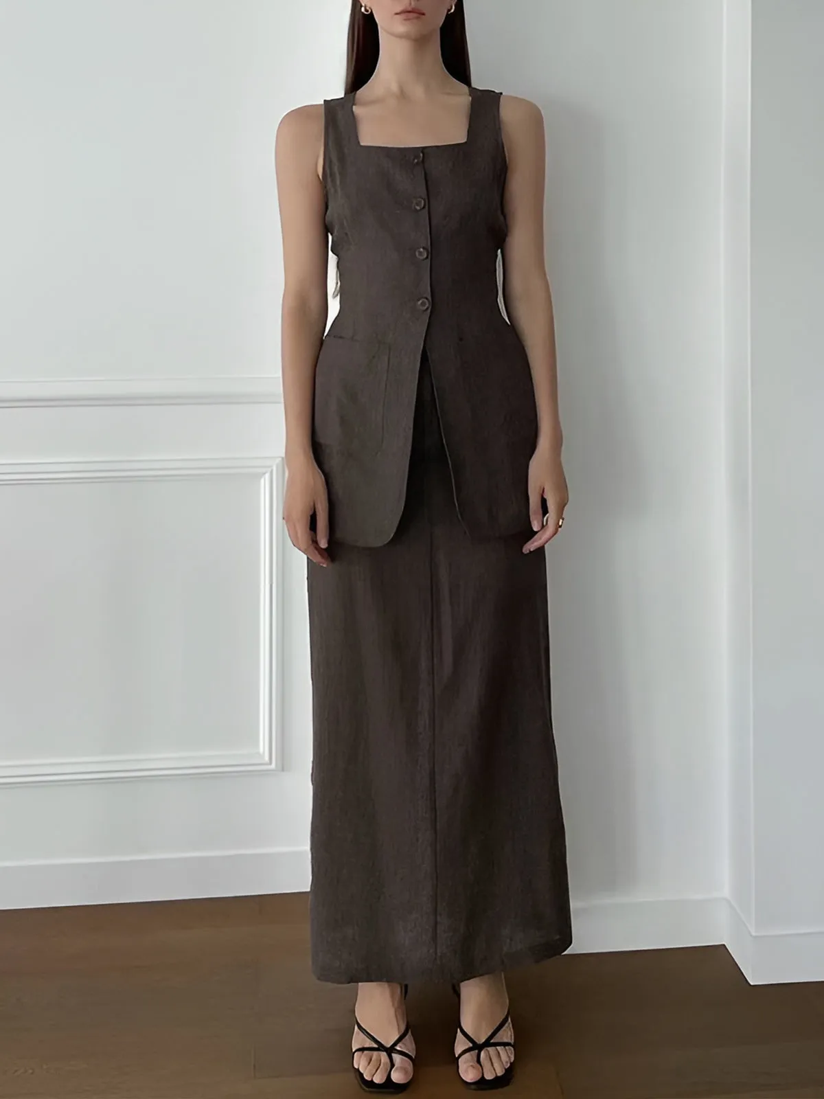 Split Button Tank Top With Pockets Skirt Set sold by COMMENSE