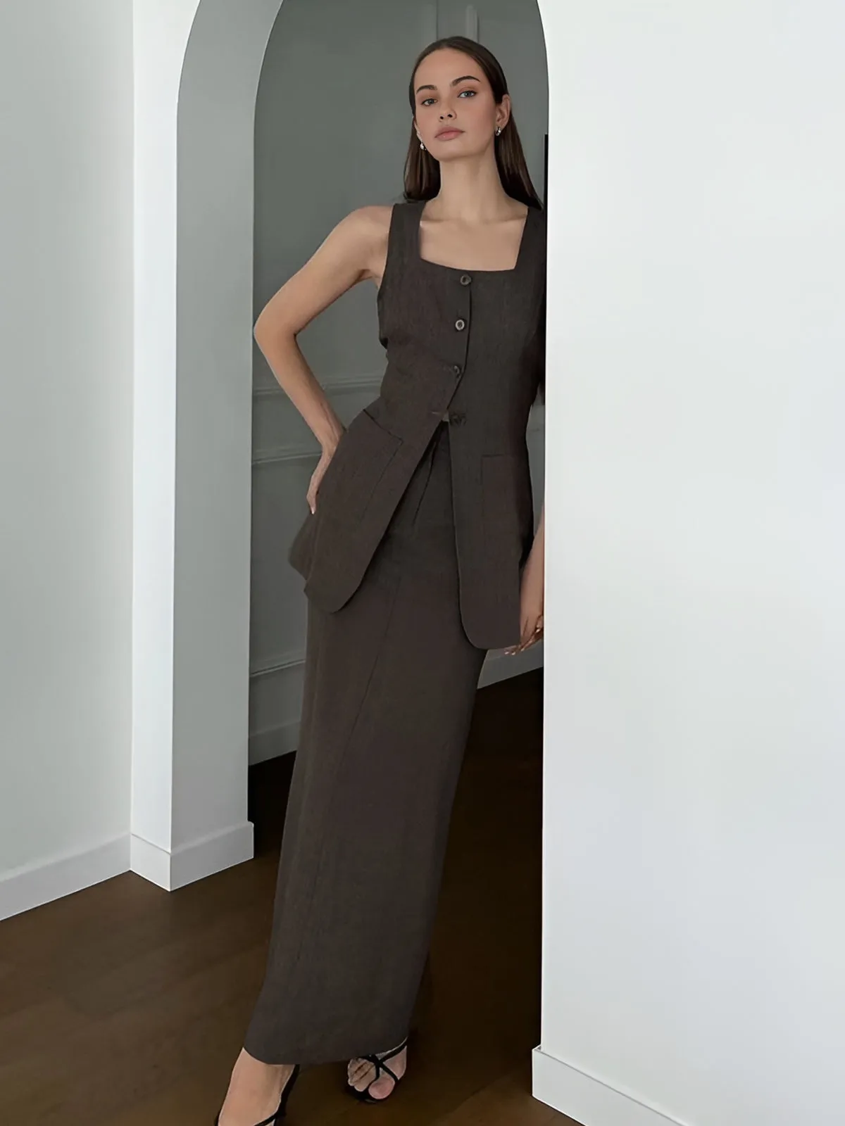 Split Button Tank Top With Pockets Skirt Set sold by COMMENSE product image thumbnail 5