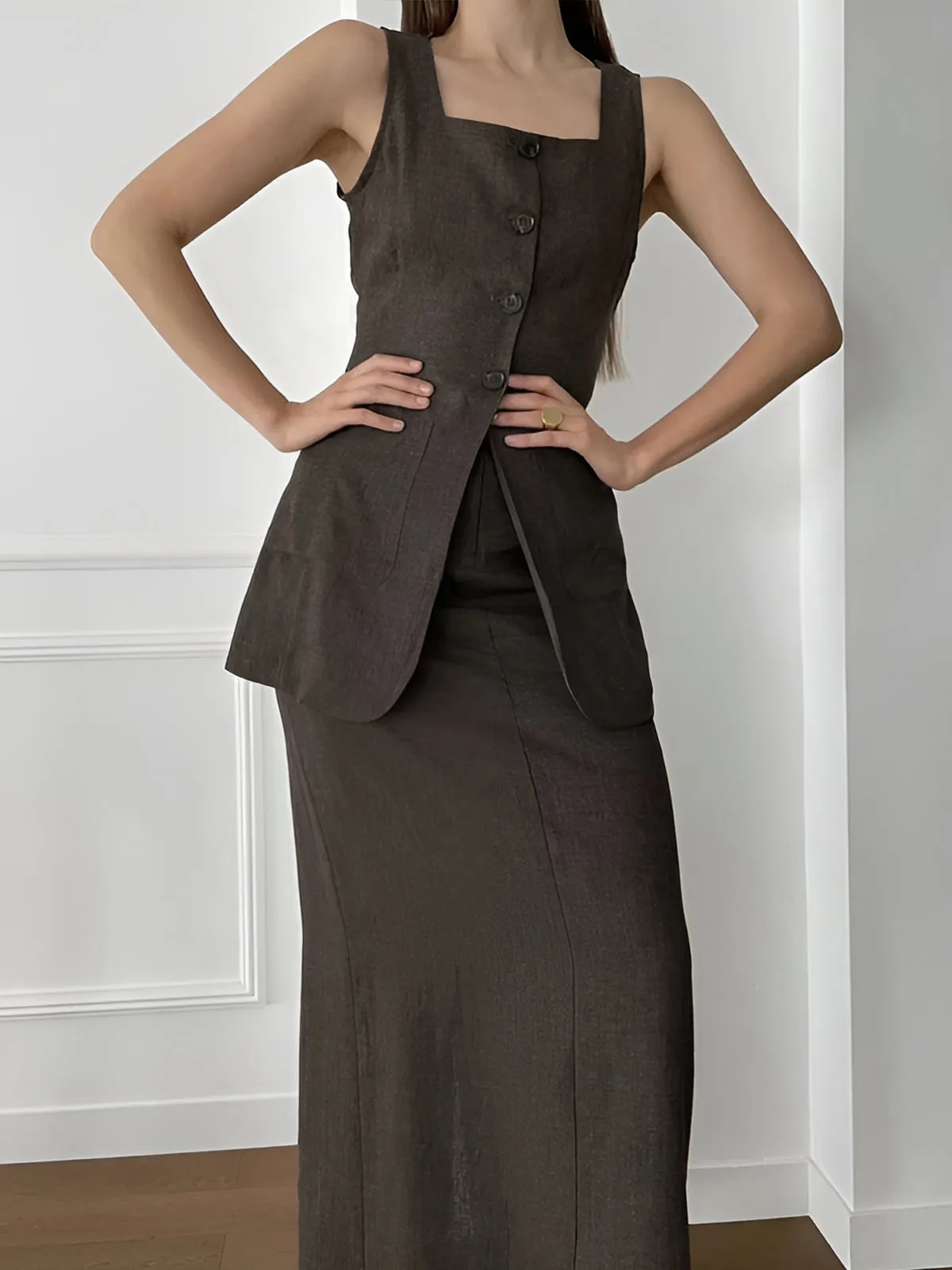 Split Button Tank Top With Pockets Skirt Set sold by COMMENSE product image thumbnail 3