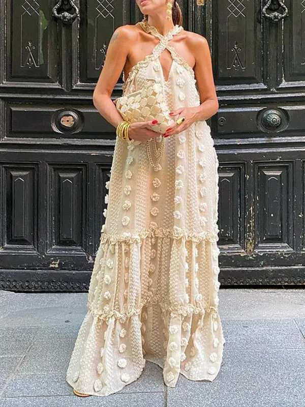 Cross-Over Collar 3D Flower Flowy Dress sold by COMMENSE
