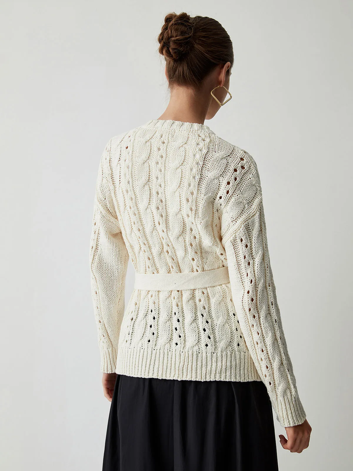 Cable Knit Eyelet Tie Front Cardigan sold by COMMENSE product image thumbnail 5