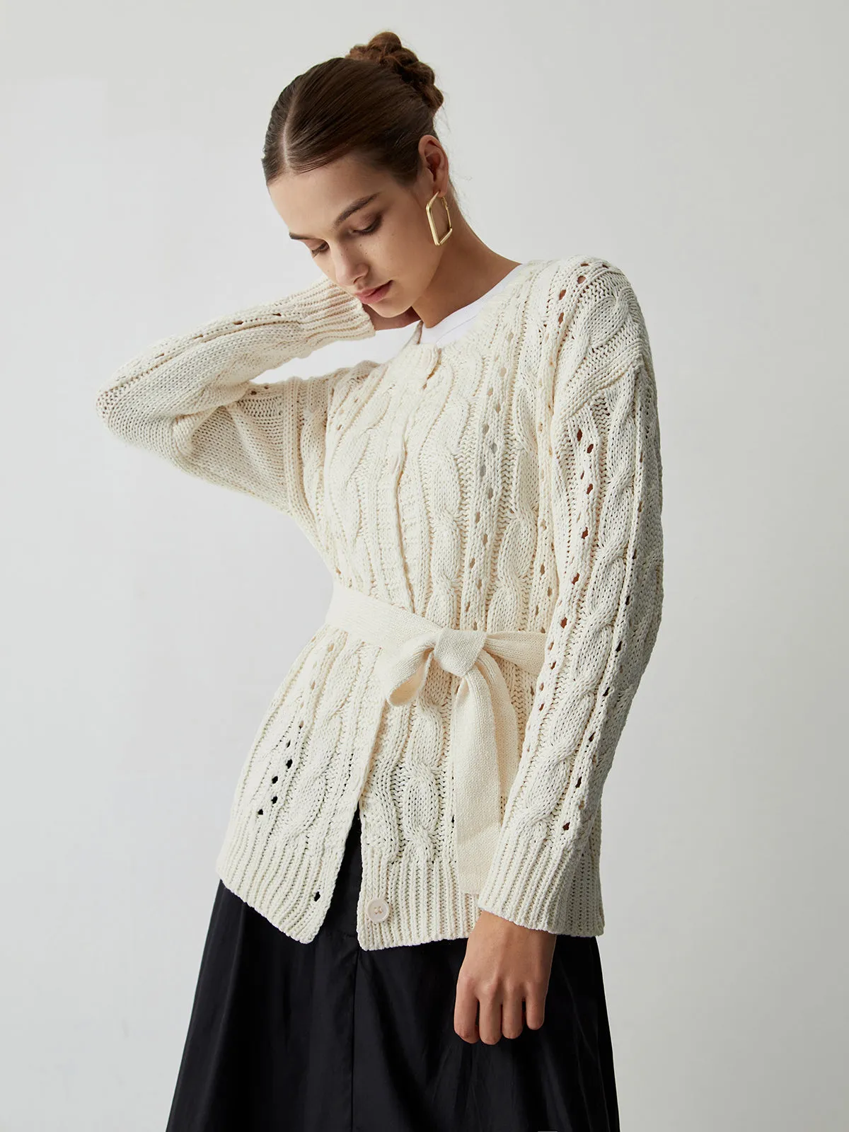 Cable Knit Eyelet Tie Front Cardigan sold by COMMENSE product image thumbnail 2