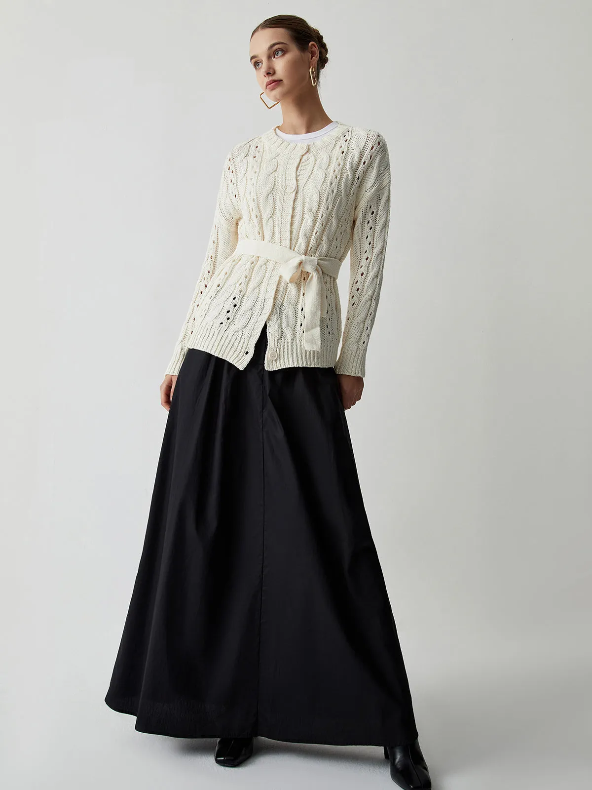Cable Knit Eyelet Tie Front Cardigan sold by COMMENSE product image thumbnail 3
