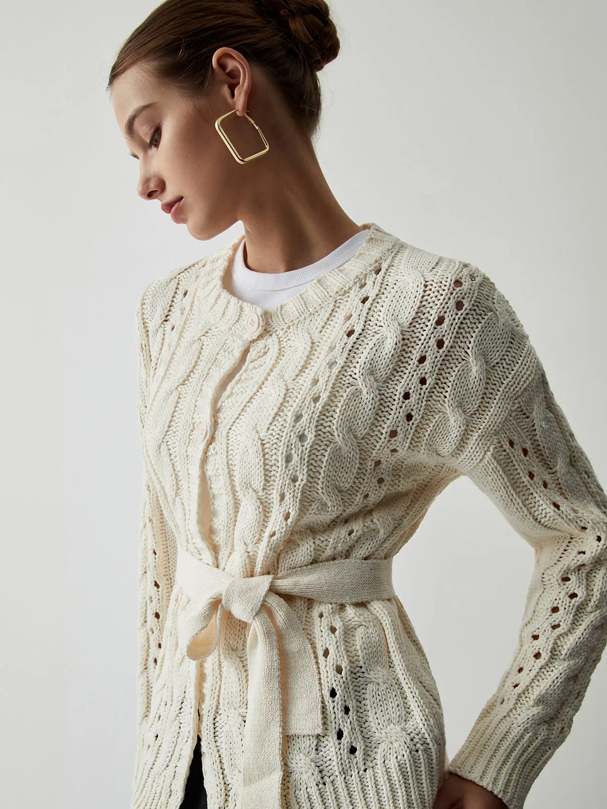 Cable Knit Eyelet Tie Front Cardigan sold by COMMENSE product image thumbnail 4