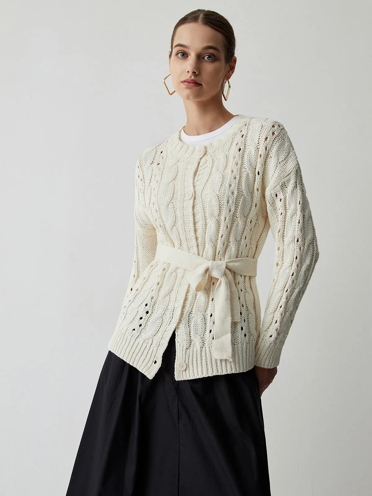 Cable Knit Eyelet Tie Front Cardigan sold by COMMENSE