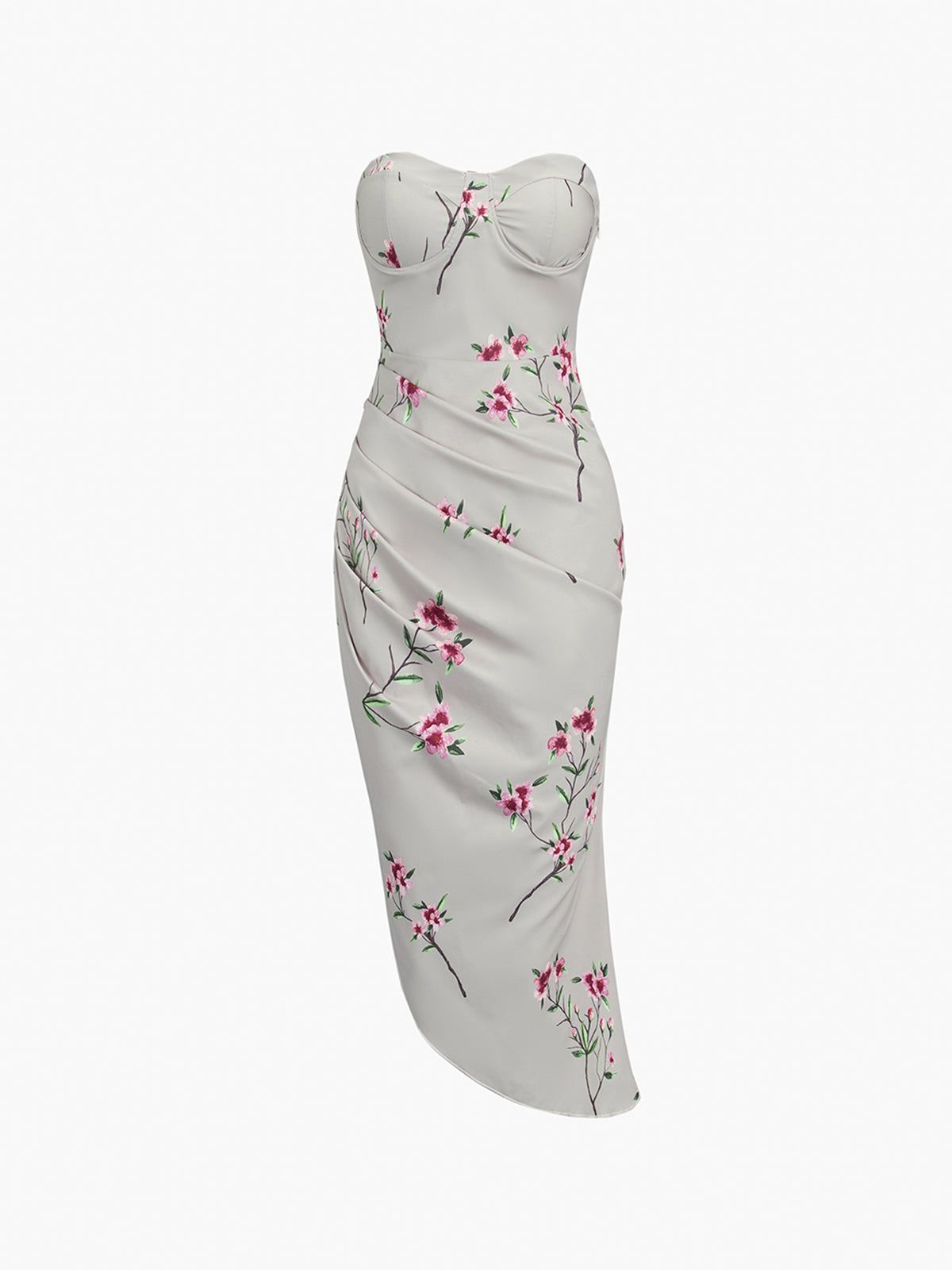 Floral Ruched Satin Tube Long Dress sold by COMMENSE