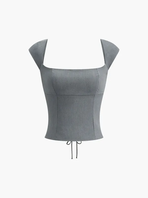 Basic Lace Up Square Neck Blouse sold by COMMENSE