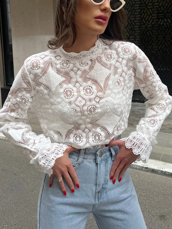 Lace Embroidery Floral Mock Neck Blouse sold by COMMENSE