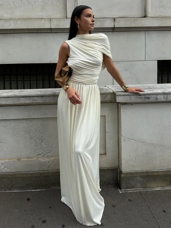 Asymmetry Pleat Sleeveless Long Dress sold by COMMENSE