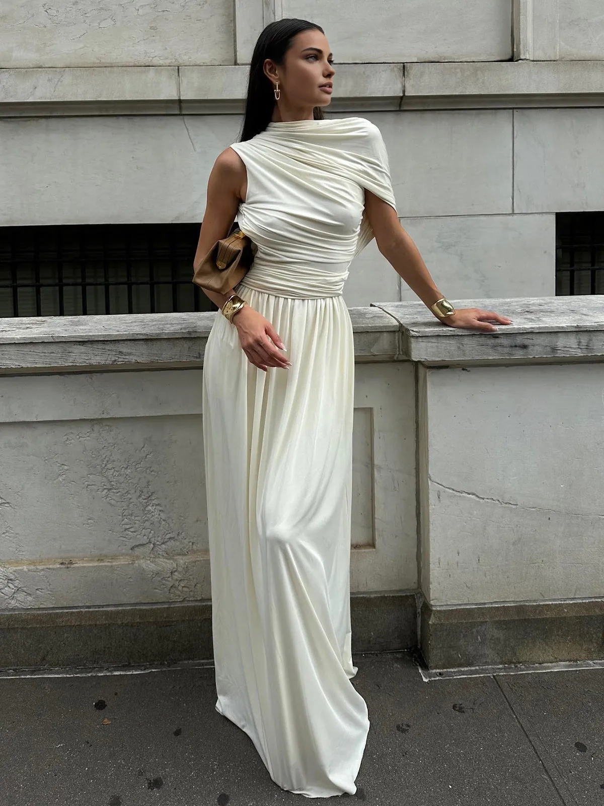 Asymmetry Pleat Sleeveless Long Dress sold by COMMENSE