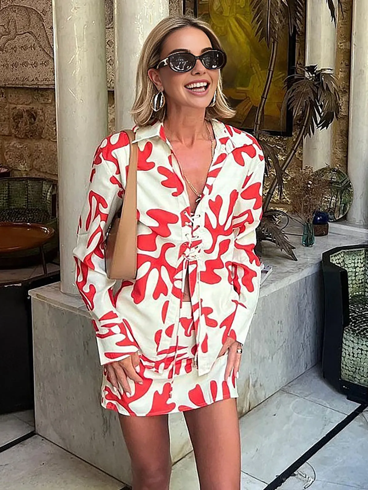 Print Front Tie Zipper Skirt Set sold by COMMENSE