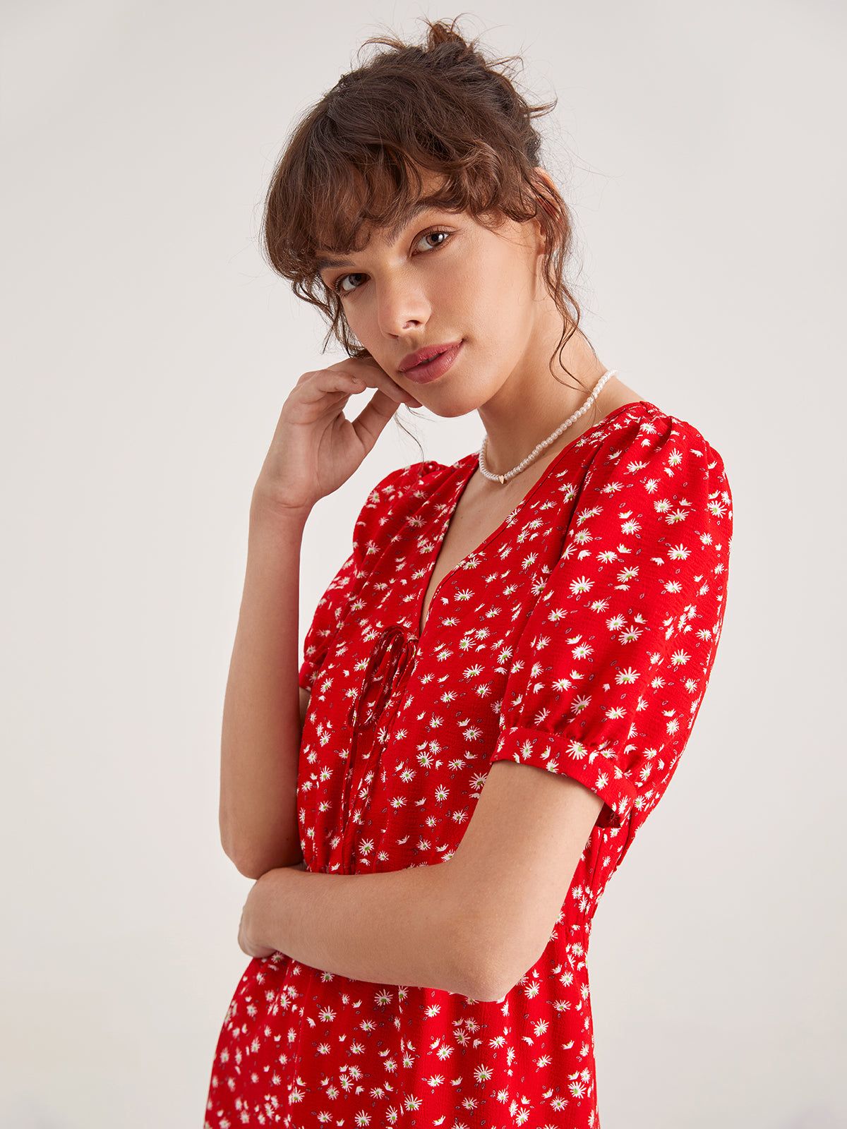 Sweetheart Floral V-Neck Ruffle Dress sold by COMMENSE