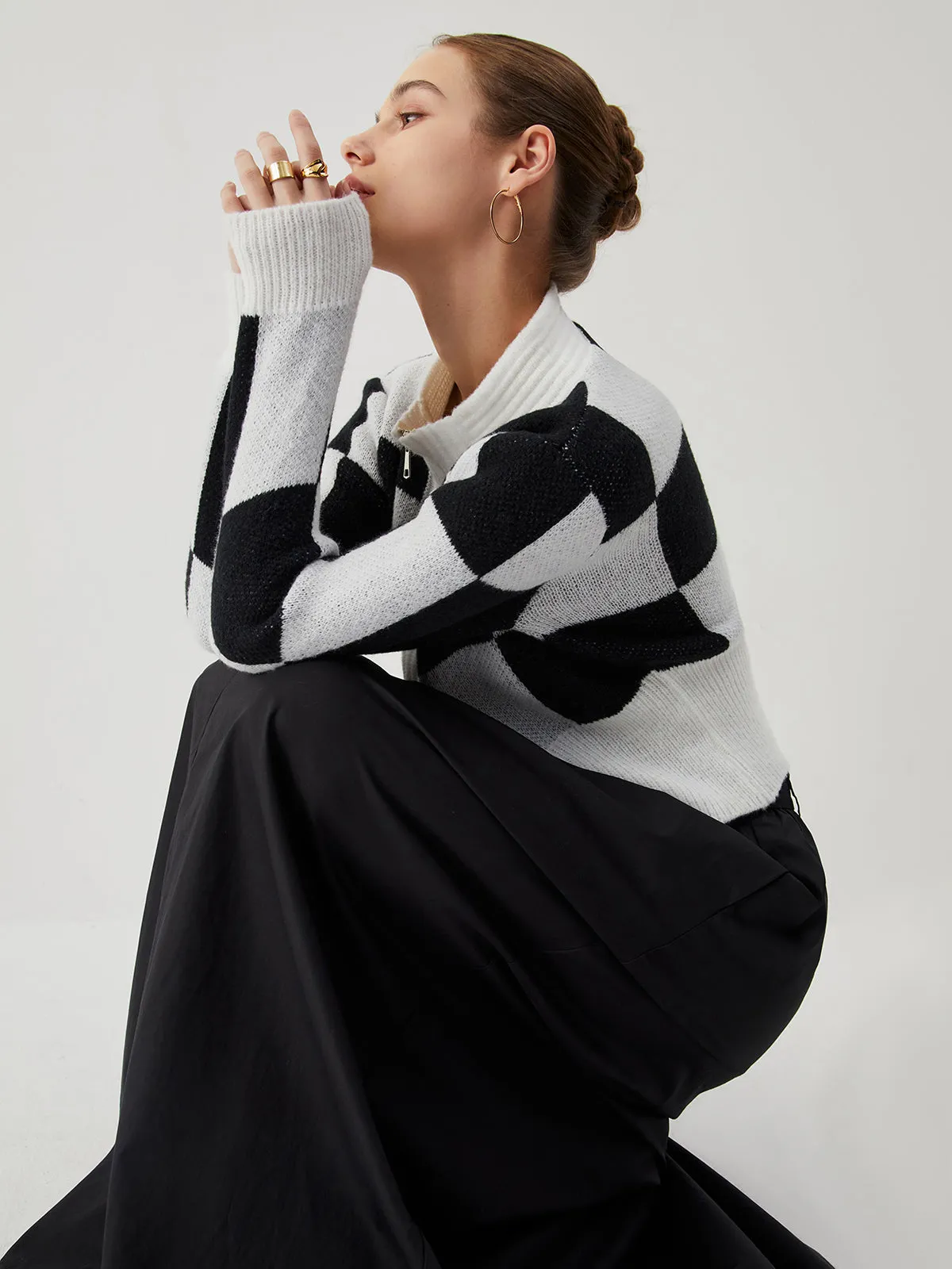 Knit Colorblock Checkered Zippered Cardigan sold by COMMENSE product image thumbnail 3