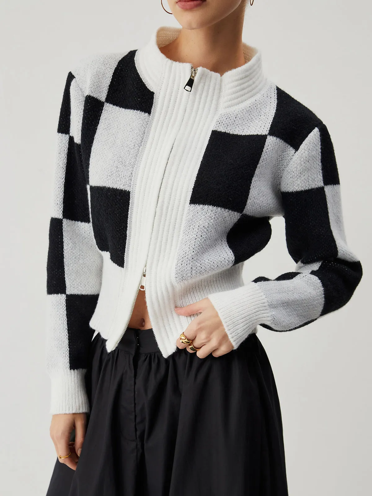 Knit Colorblock Checkered Zippered Cardigan sold by COMMENSE