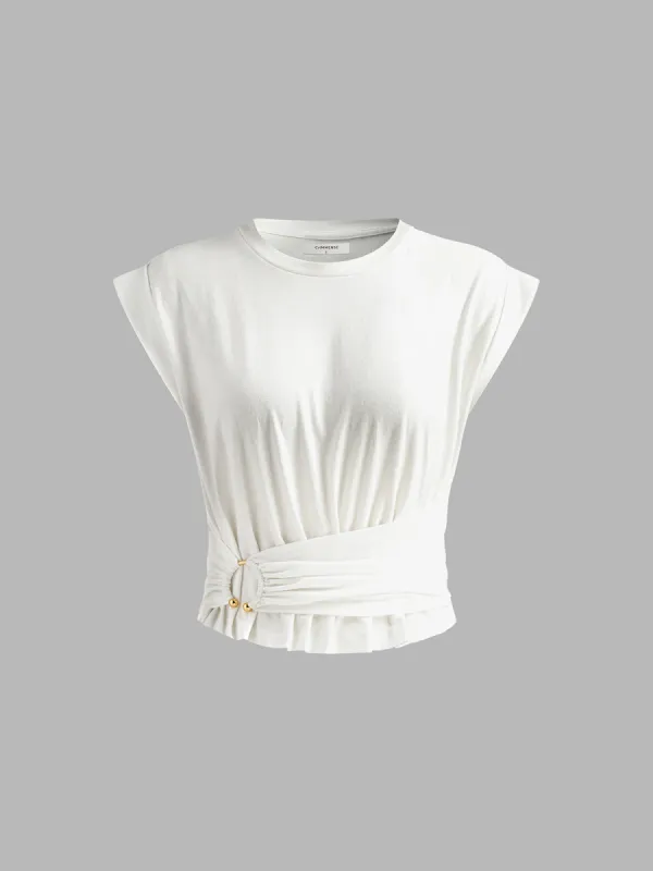 Cap Sleeve Pleated Belted T-Shirt sold by COMMENSE