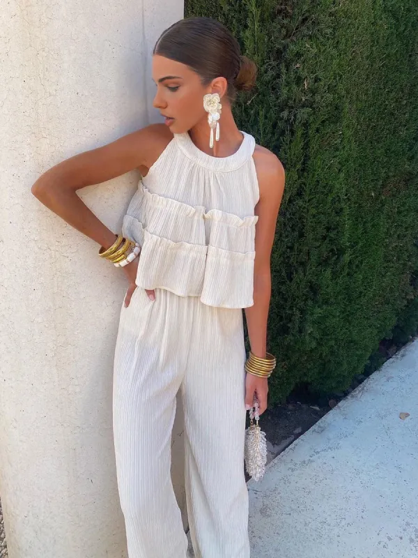 Ruffle Crew Neck Pants Set sold by COMMENSE