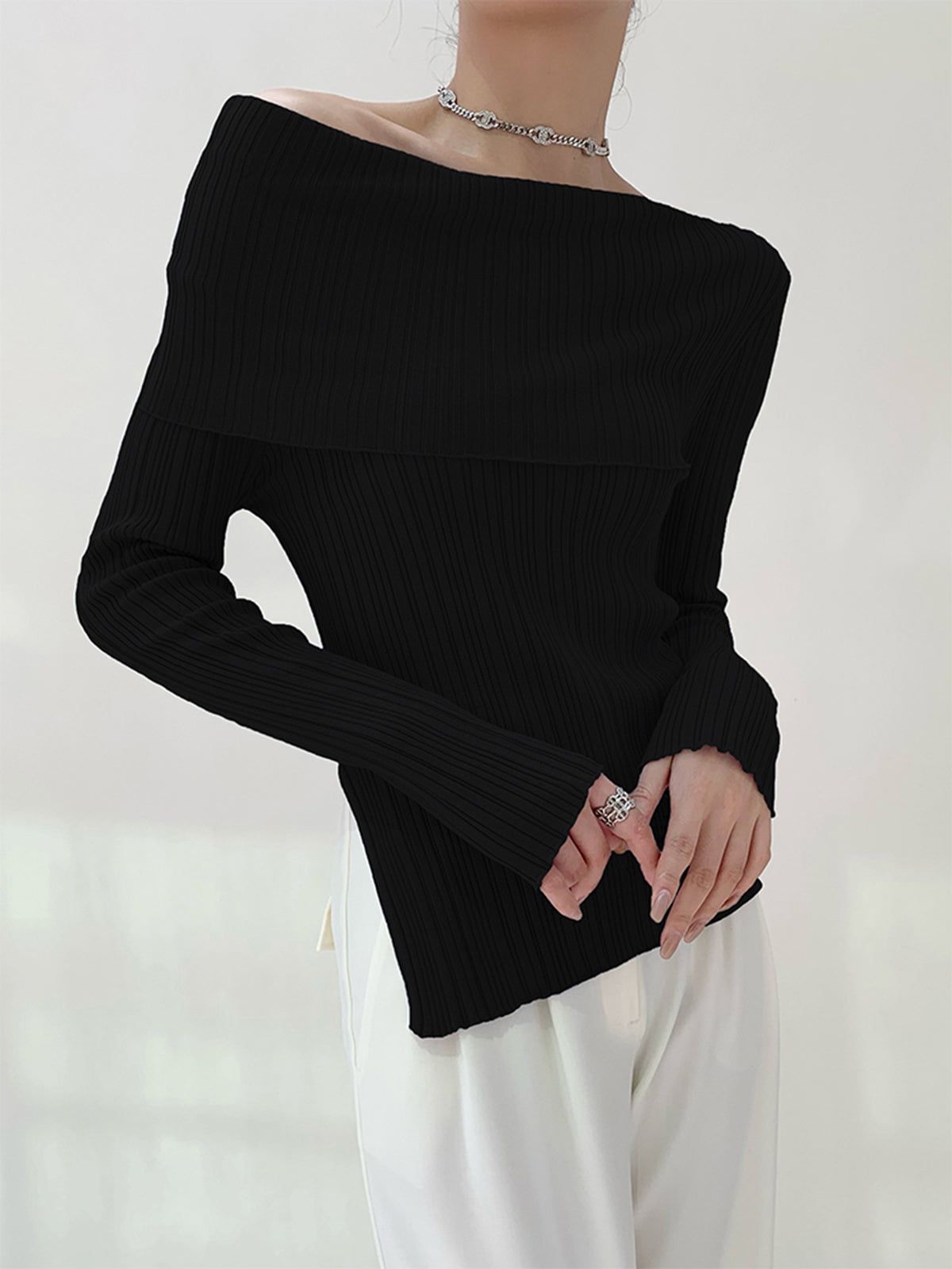 Off Shoulder Textured Long Sleeve Shirt sold by COMMENSE product image thumbnail 4