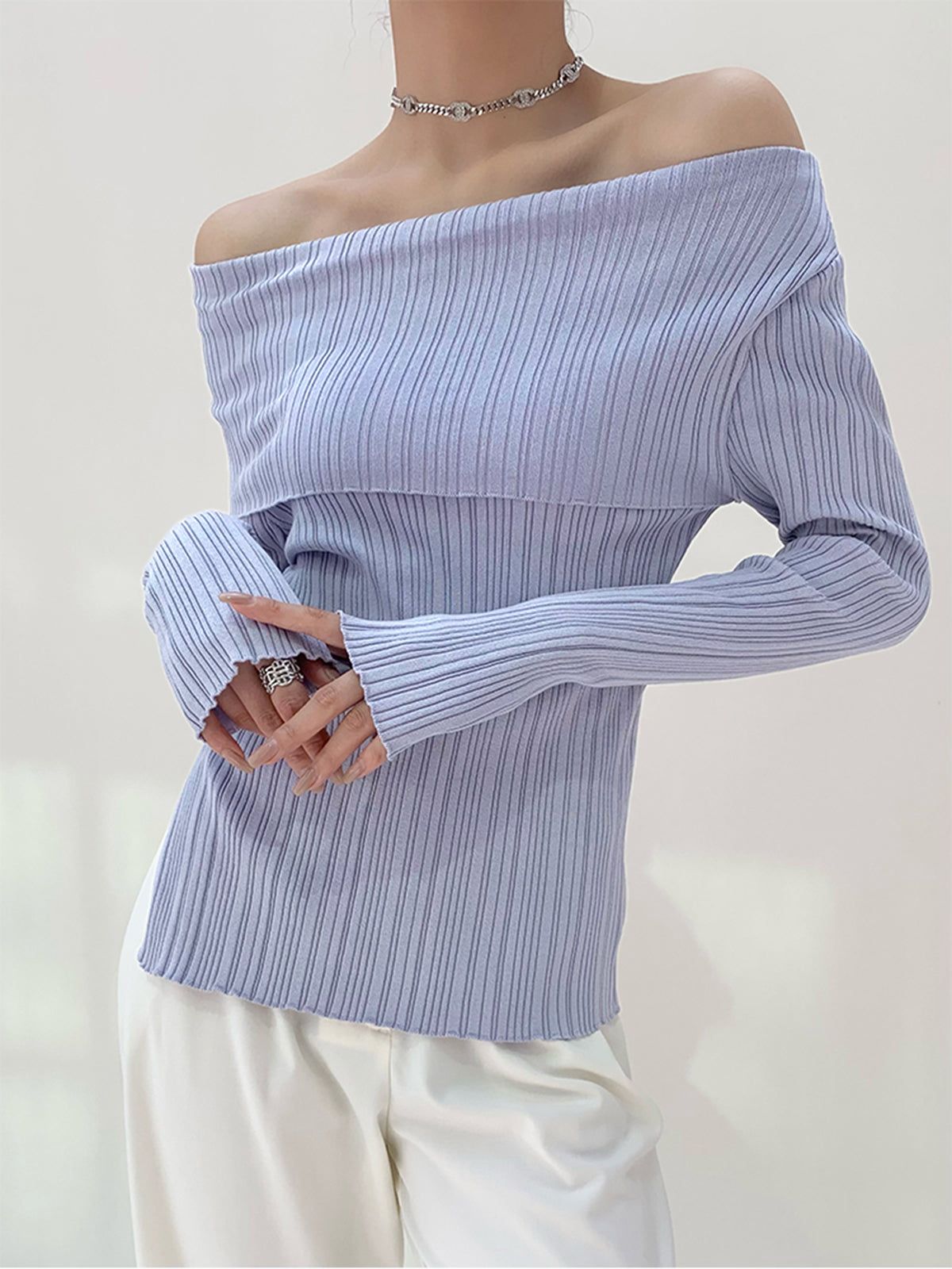 Off Shoulder Textured Long Sleeve Shirt sold by COMMENSE