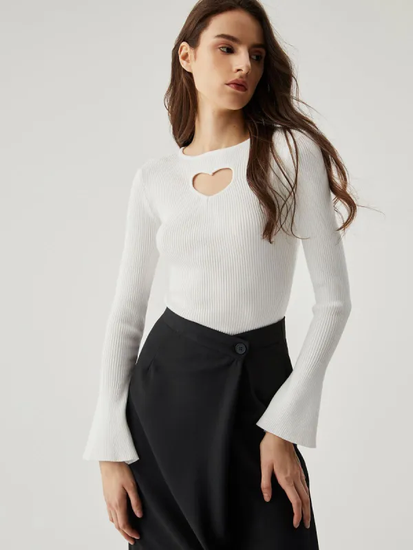 Heart Cut Out Ribbed Knit Long Sleeve Top sold by COMMENSE