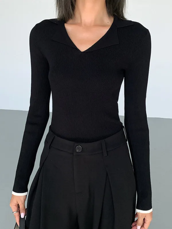 Slinky V-neck Collar Ribbed Knit Top sold by COMMENSE