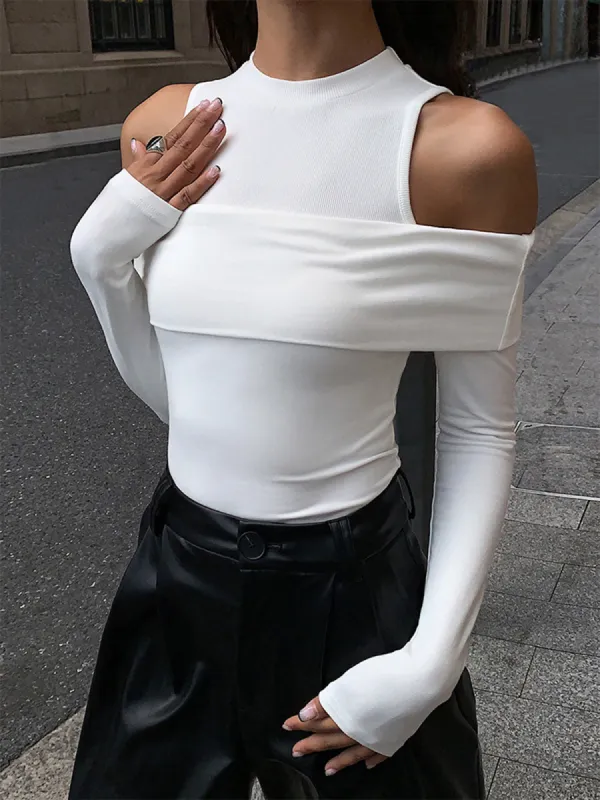 Slinky Cold Shoulder Overfold Long Sleeve Top sold by COMMENSE