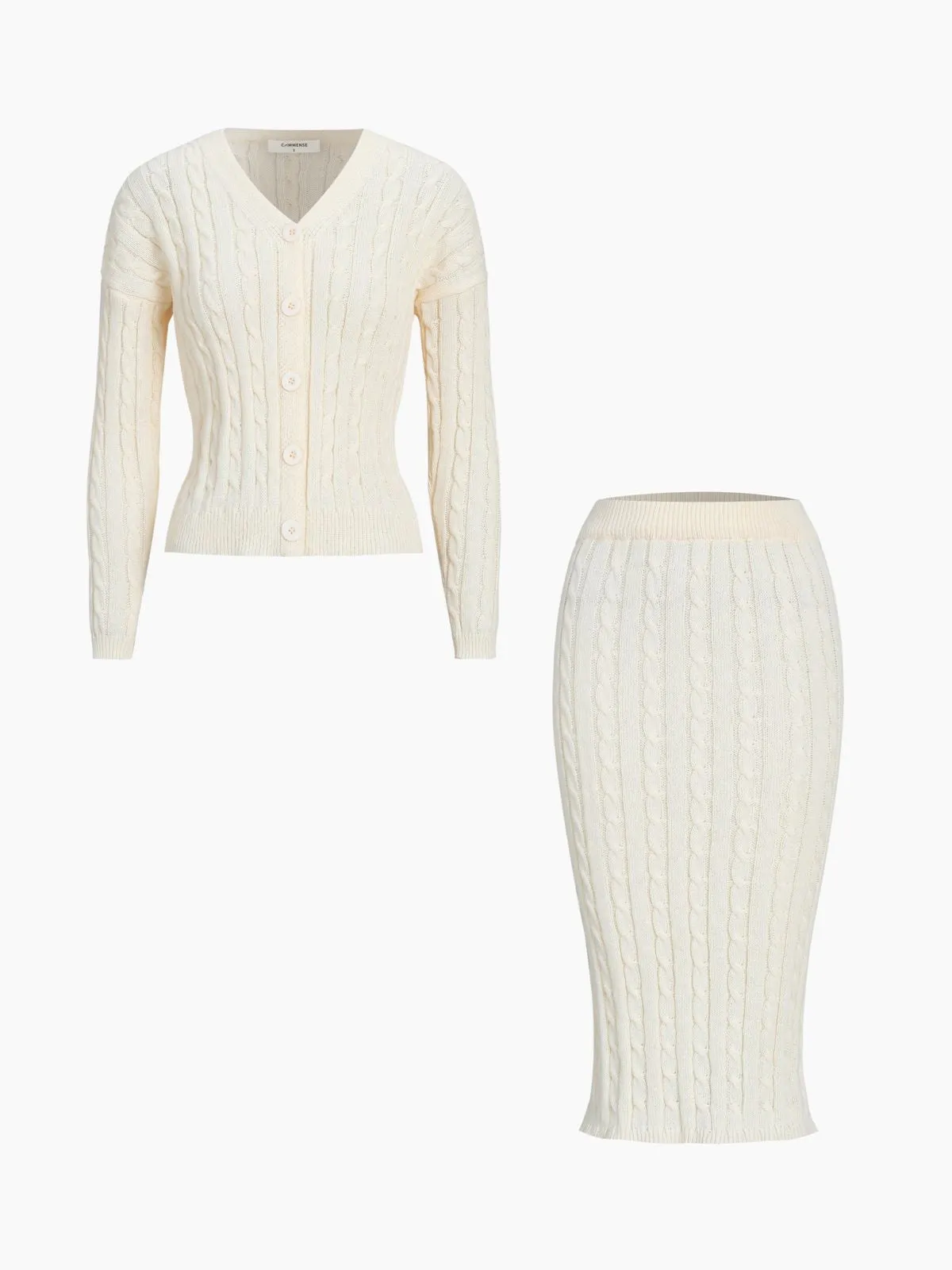 Cream Long Sleeve Two Piece Cable Knit Skirt Set sold by COMMENSE
