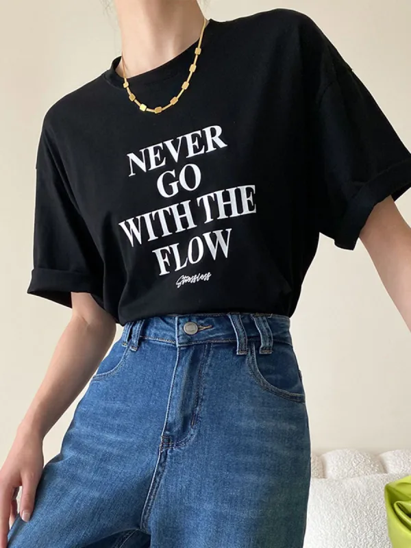 Letter Print Cotton T-Shirt sold by COMMENSE