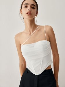 Mesh Dip Hem Crop Corset Top sold by COMMENSE