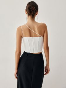 Mesh Dip Hem Crop Corset Top sold by COMMENSE