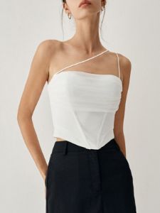 Mesh Dip Hem Crop Corset Top sold by COMMENSE