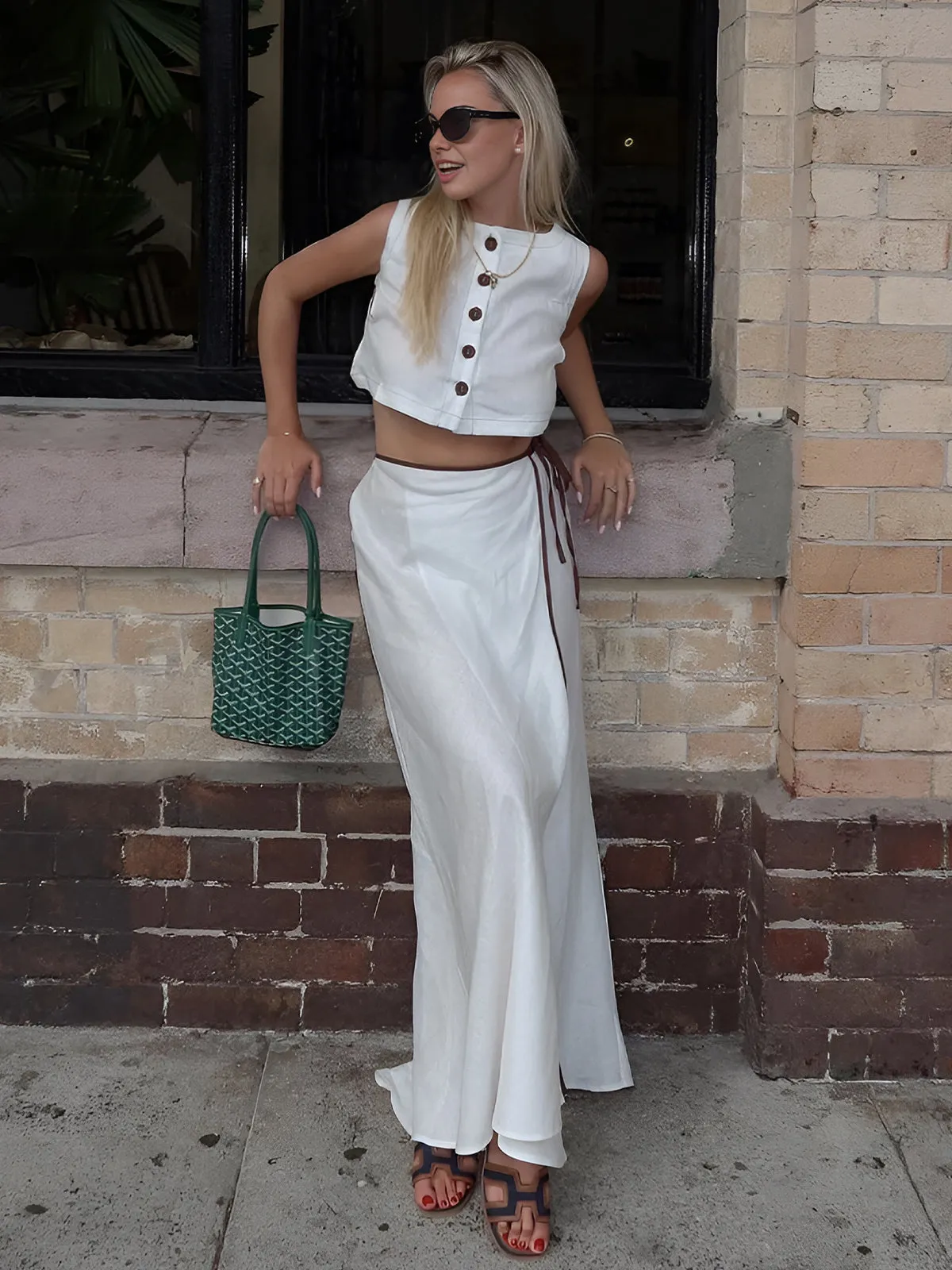 Multi-Button Contrast Skirt Set sold by COMMENSE