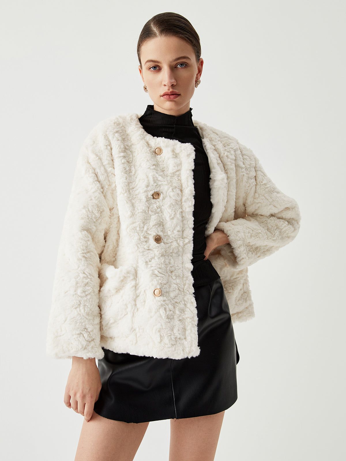 Button Detail Fuzzy Pocket Jacket sold by COMMENSE product image thumbnail 3