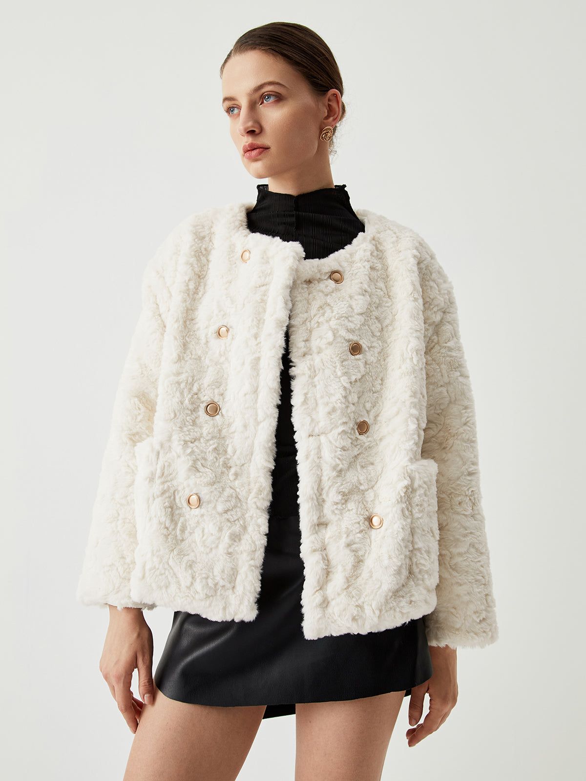 Button Detail Fuzzy Pocket Jacket sold by COMMENSE