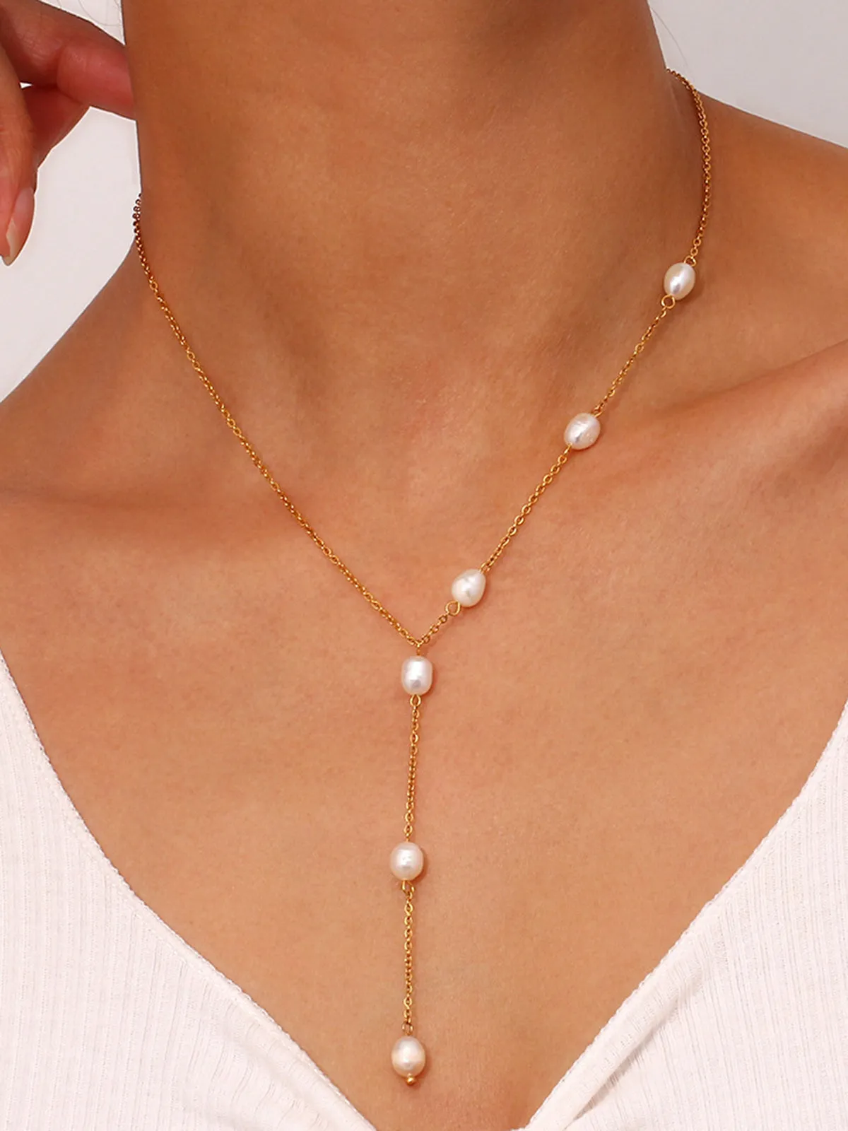Y-Shape Pearl Pendant Necklace sold by COMMENSE