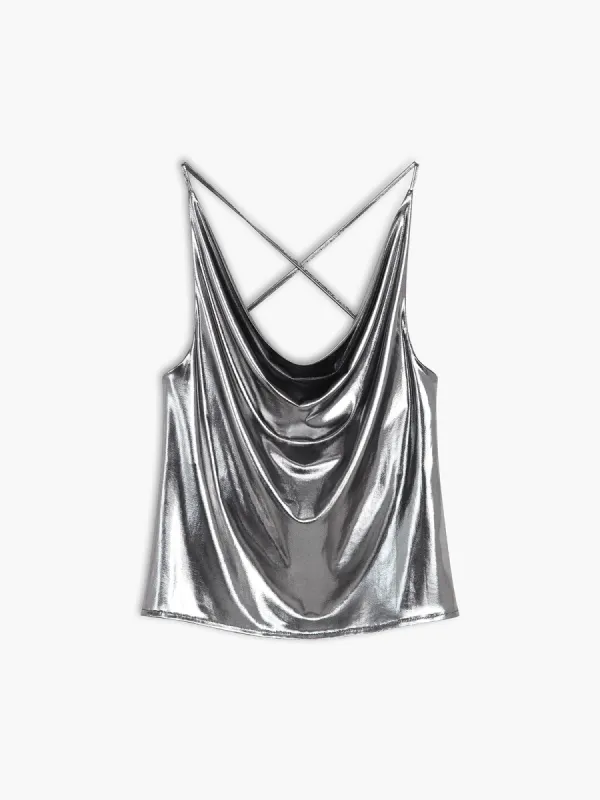 Metallic Leather Cowl Neck Tank Top sold by COMMENSE