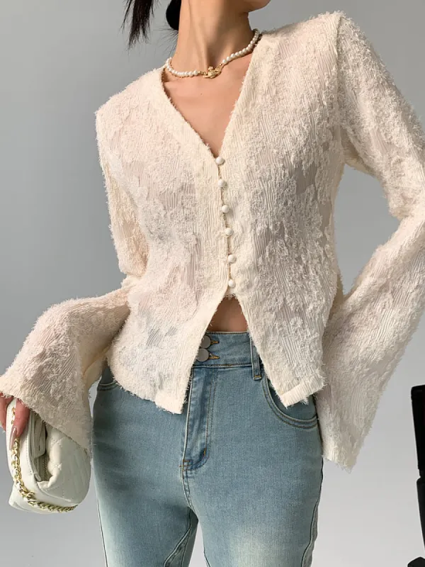 V-Neck Ruffle Long Sleeve Blouse sold by COMMENSE