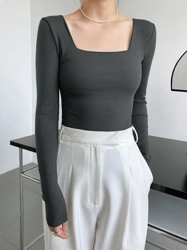Ribbed Square Neck Long Sleeve Shirt sold by COMMENSE
