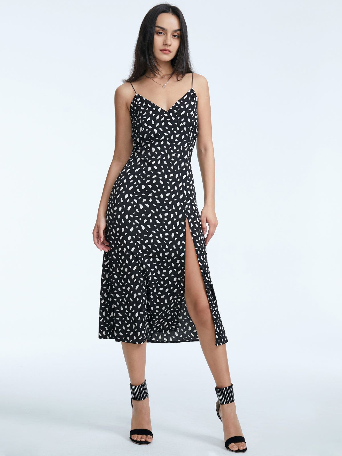 Sweetheart Contrast Print Slit Strap Midi Dress sold by COMMENSE product image thumbnail 4