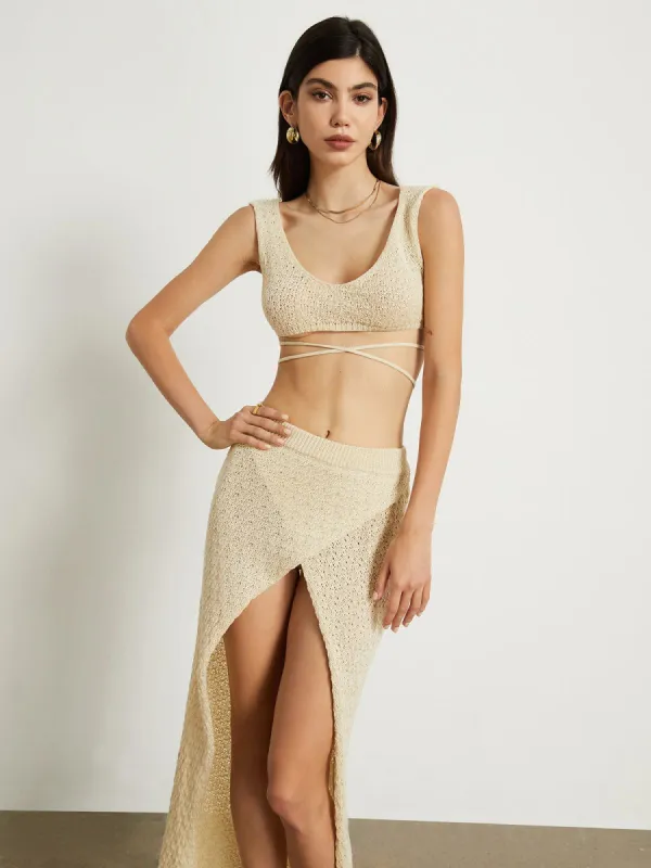 Open Back Crochet Two Piece Skirt Set sold by COMMENSE