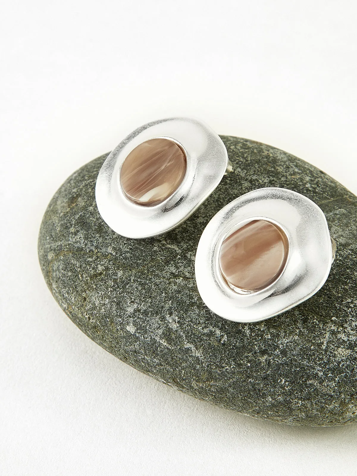 Wood Grain Silver Stud Earrings sold by COMMENSE