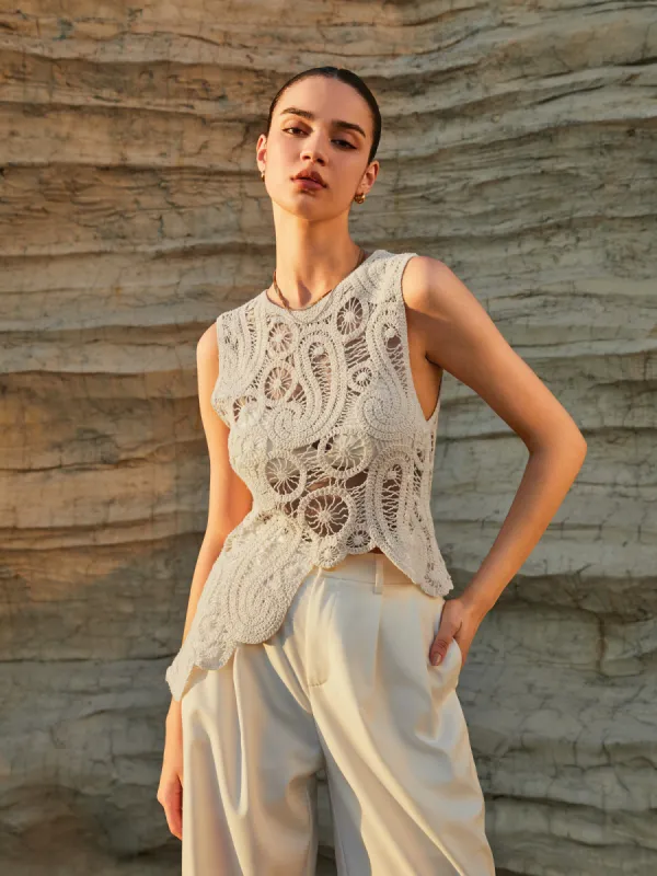 Paros Crochet Paisley Oblique Hem Tank Top made by COMMENSE