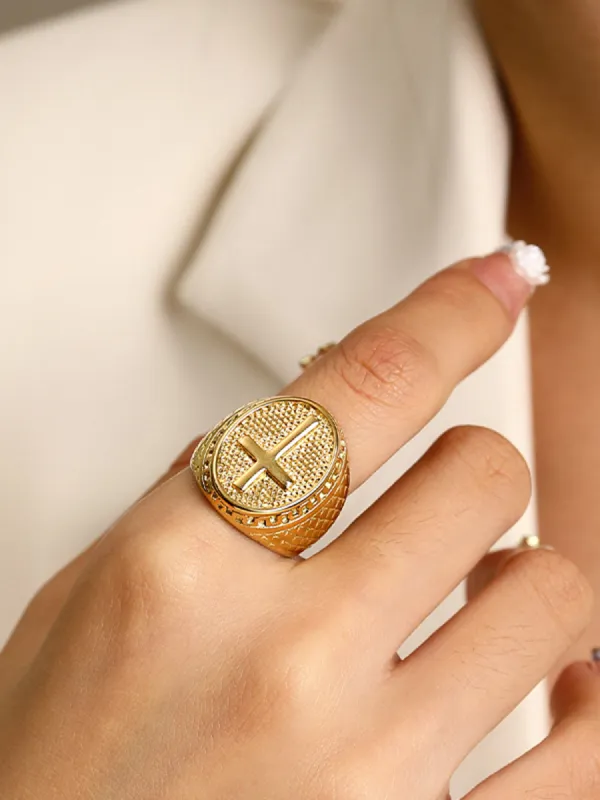 Retro Golden Textured Cross Ring sold by COMMENSE