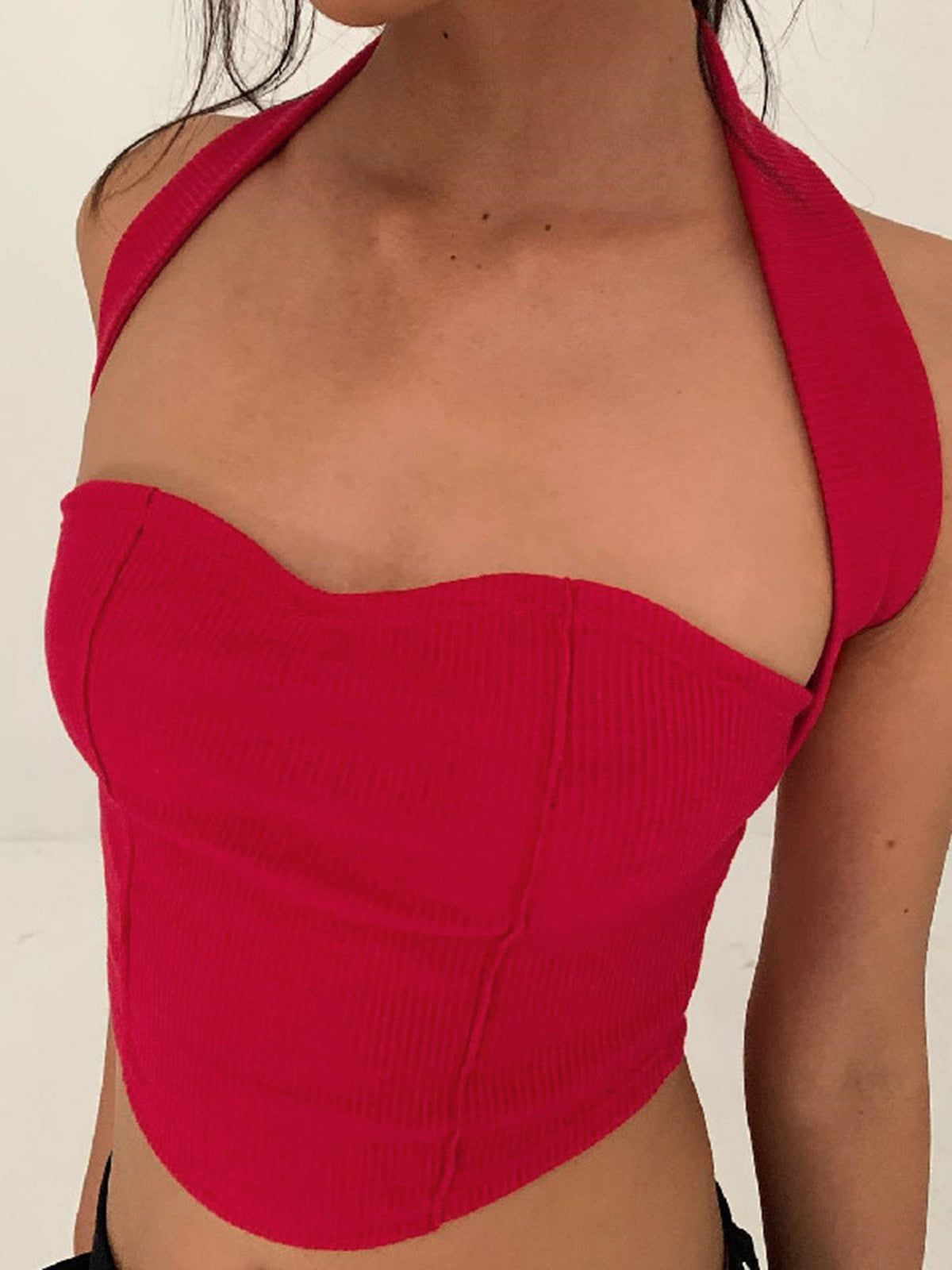 Halter Neck Contour Piping Crop Top sold by COMMENSE